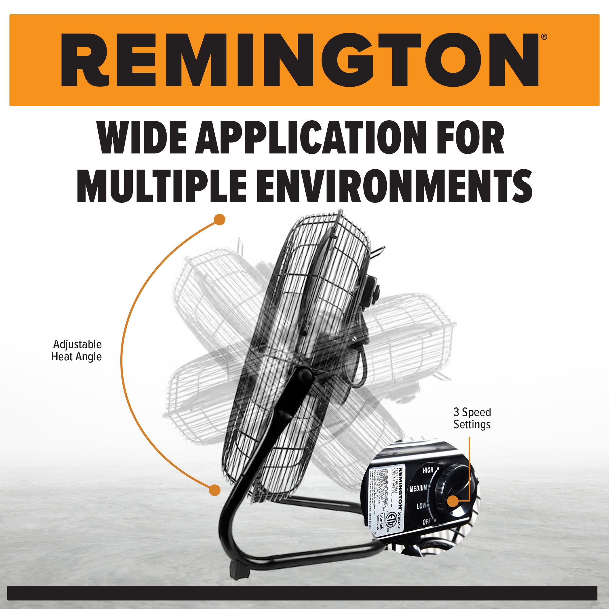 Remington 20" High Velocity Floor Fan, 3 Speed Portable Cooling Unit, Black - VMInnovations