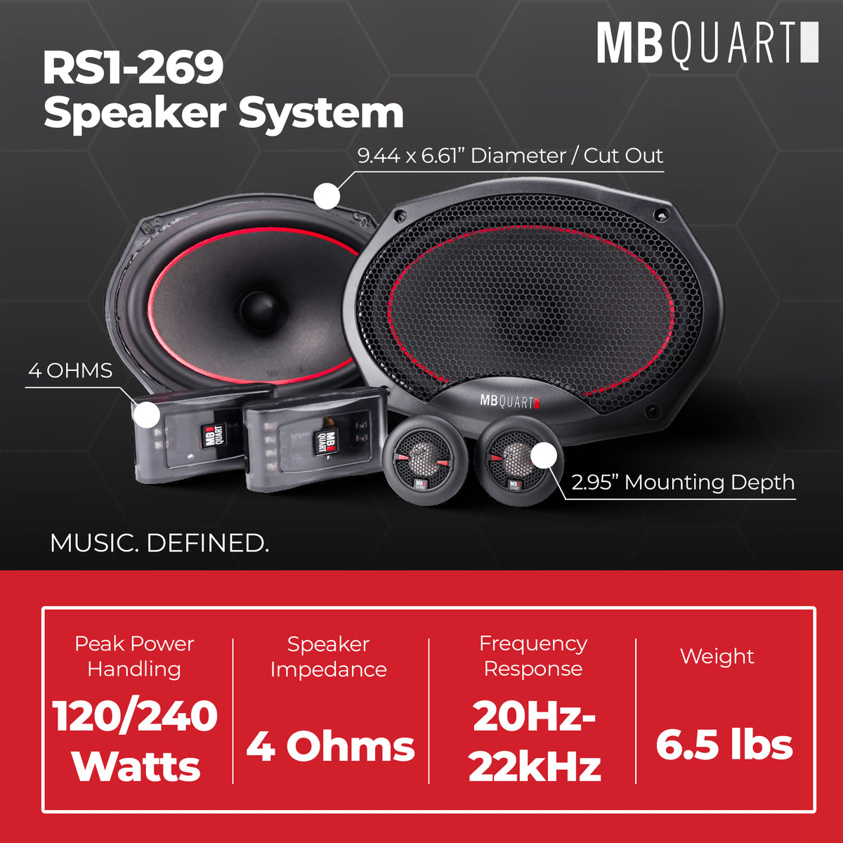 MB Quart 6"x9" Coaxial Reference Car Speaker System, 2-Way Audio, 240W Output