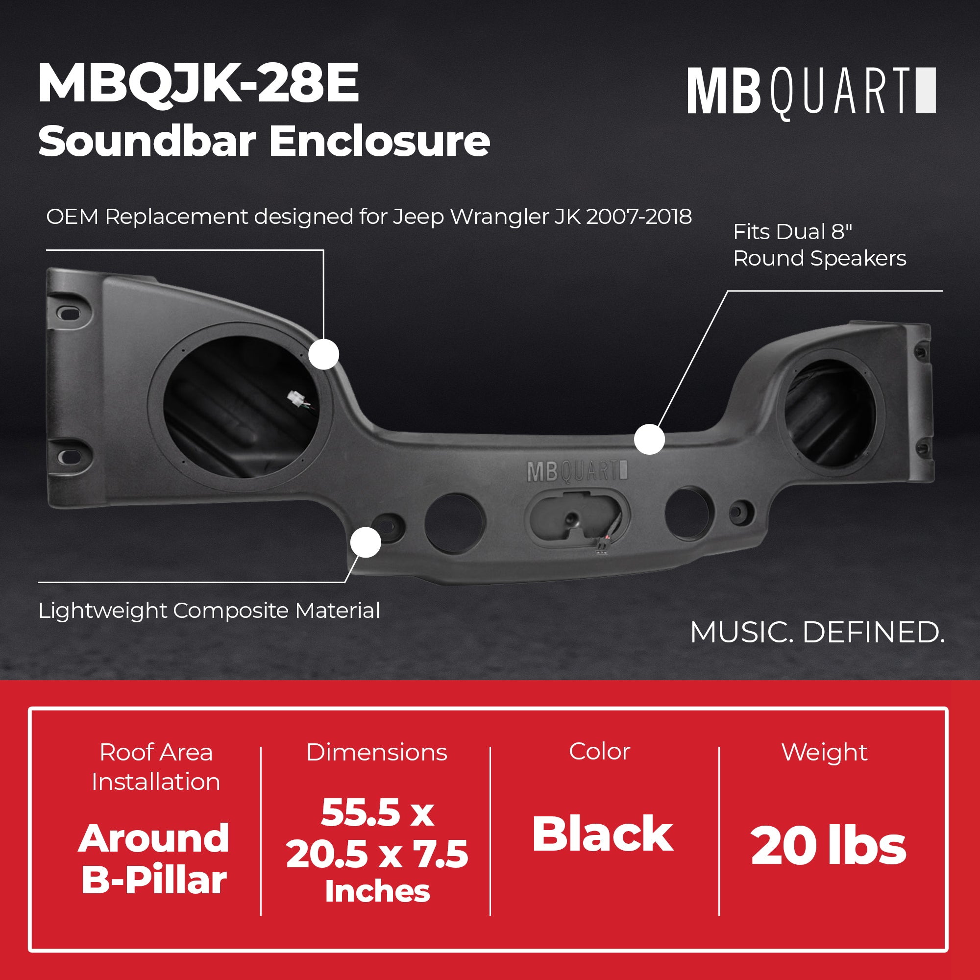 MB Quart Rear Overhead Soundbar Enclosure for 2007-2018 Jeep Wrangler JK