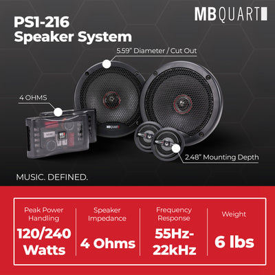 MB Quart PS1-216 Premium 6.5 Inch Car Speakers, 240 Watts, 2 Way, Black/Red - VMInnovations