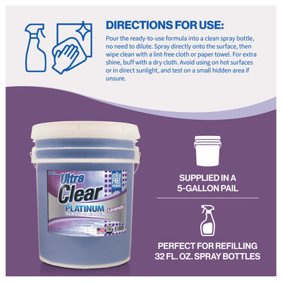 Ultra Clear Platinum Glass Cleaner, Streak-Free Shine, Lavender Fresh, 5 Gallons - VMInnovations