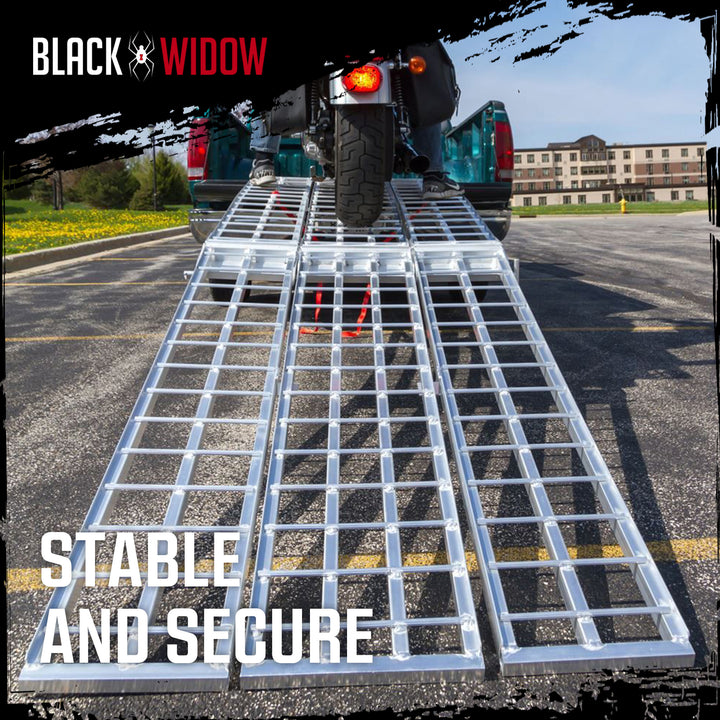 Black Widow 10’ Aluminum Folding Motorcycle Ramp, Arched 3 Piece Design, Silver