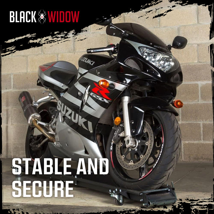 Black Widow Motorcycle Dolly with Front and Rear Gates for Loading and Unloading