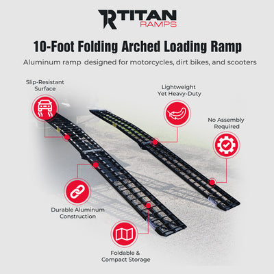 Titan Ramps 2 Pack 10’ Folding ATV Ramps Arched Aluminum Design, Black(Open Box) - VMInnovations