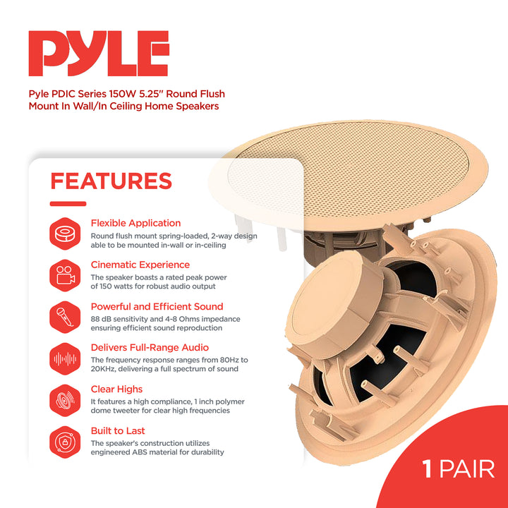 Pyle PDIC Series 150W 5.25" Round Flush Mount In Wall/In Ceiling Home Speakers