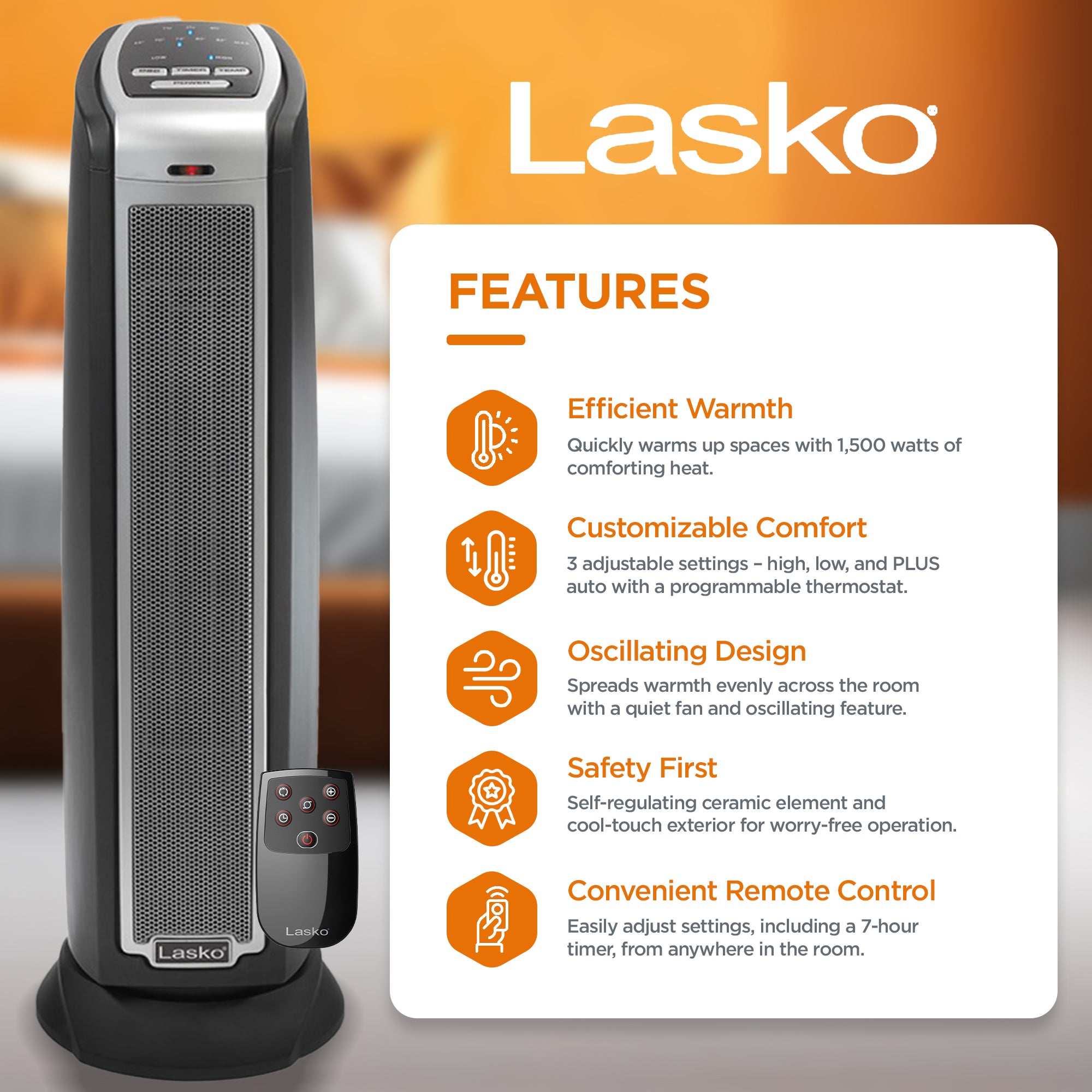 Lasko 5790 Portable Electric 1500W Room Oscillating Ceramic Tower Space Heater - VMInnovations