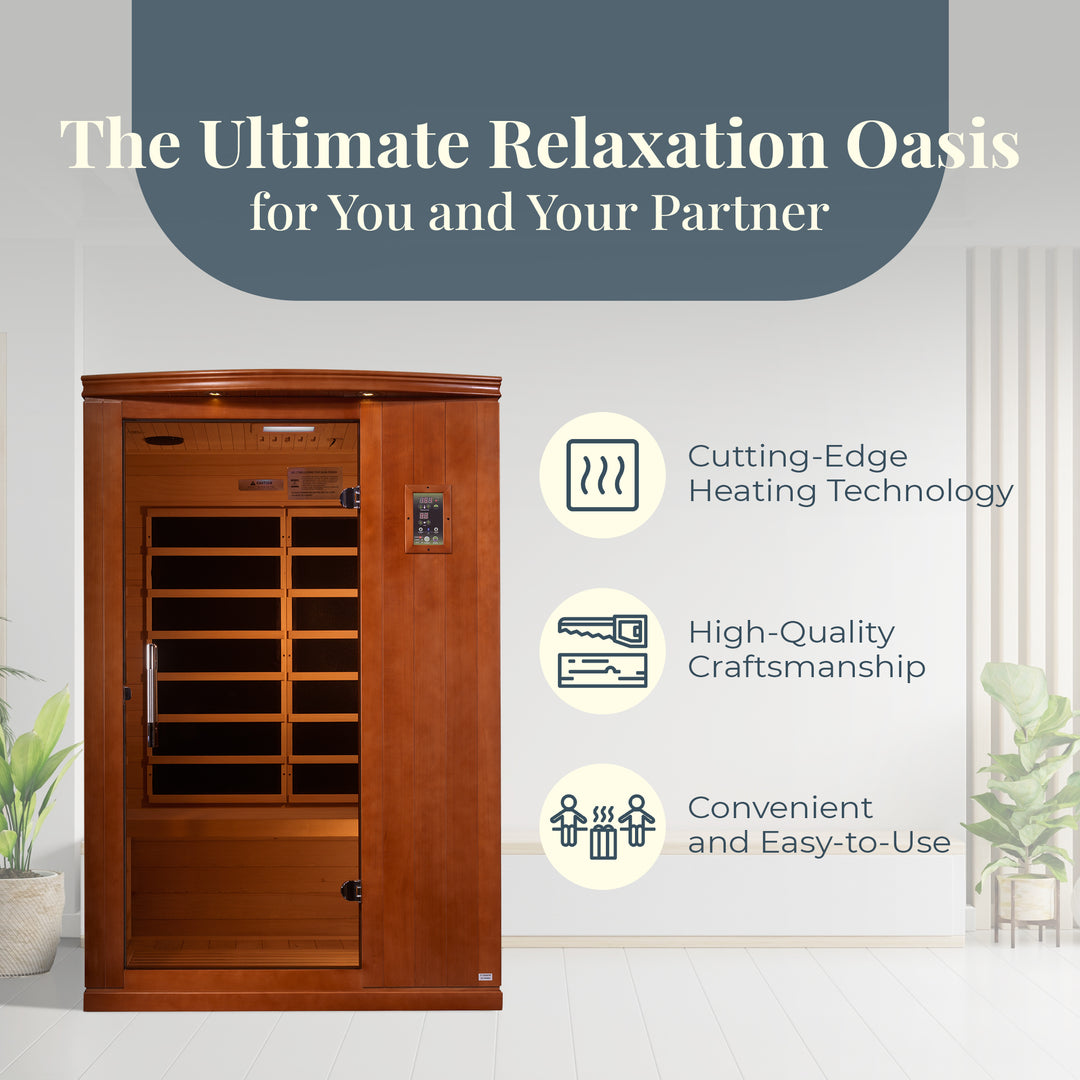 Dynamic Saunas Venice 2-Person Low EMF FAR Infrared Sauna, Canadian Hemlock Wood - VMInnovations