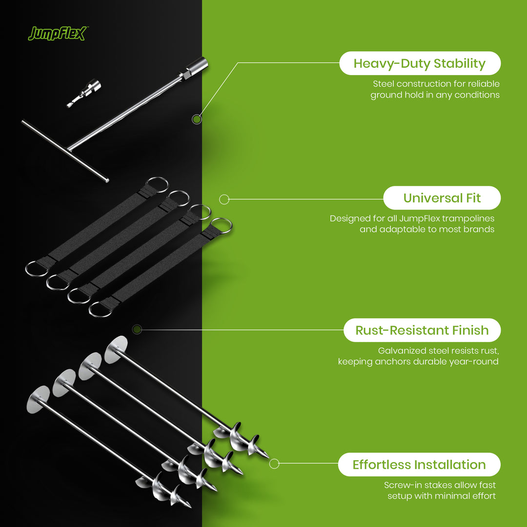 JumpFlex Trampoline Anchor Kit PRO, Heavy Duty Ground Anchoring Metal Stakes Set