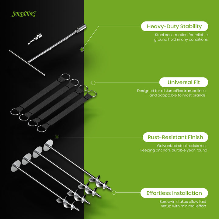 JumpFlex Trampoline Anchor Kit PRO, Heavy Duty Ground Anchoring Metal Stakes Set