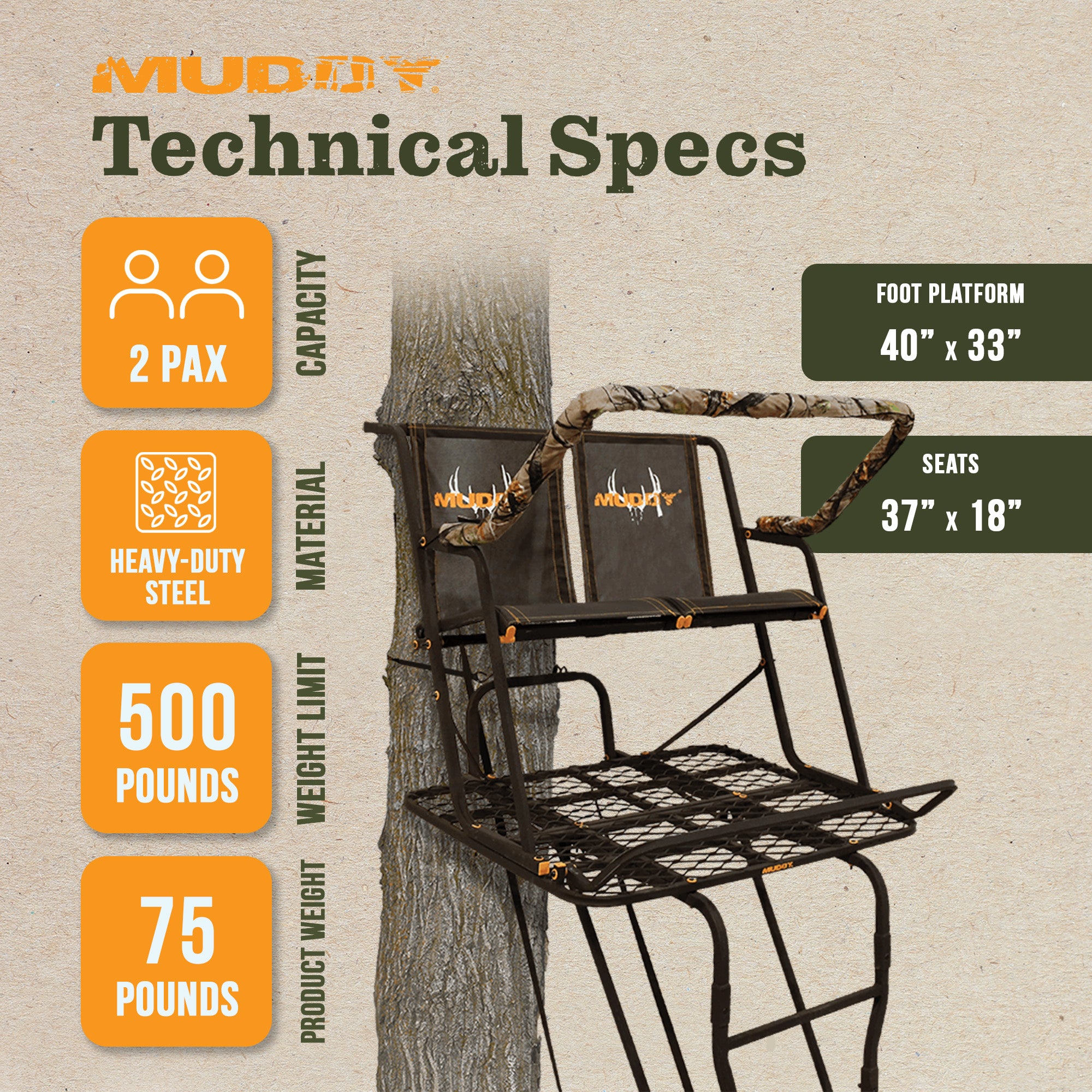 Muddy The Partner 17 Foot Hunting Ladderstand, 2 Person Climbing Tree Stand - VMInnovations