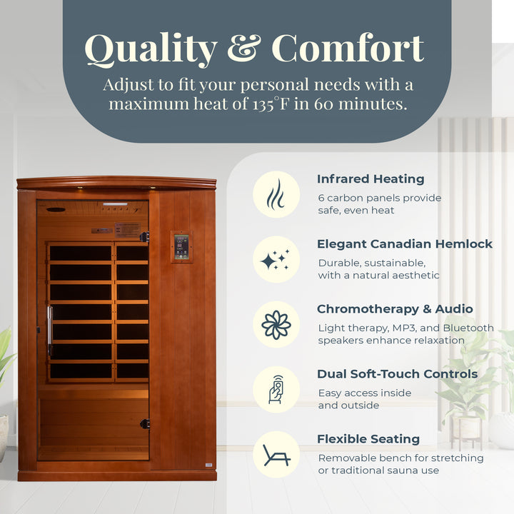 Dynamic Saunas Venice 2-Person Low EMF FAR Infrared Sauna, Canadian Hemlock Wood - VMInnovations