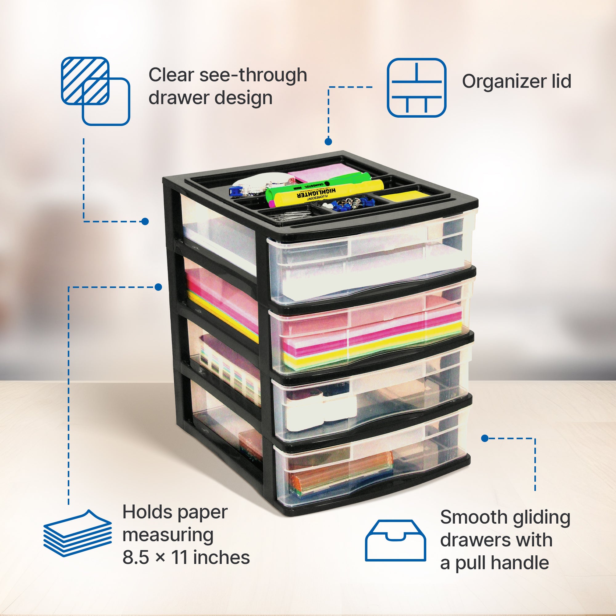 Gracious Living 4 Drawer Desktop Countertop Storage w/Organizer, Black (4 Pack) - VMInnovations
