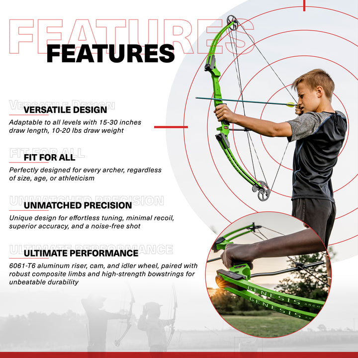Genesis Original Archery Compound Bow/Arrow Set, Left Handed, Green (Open Box) - VMInnovations