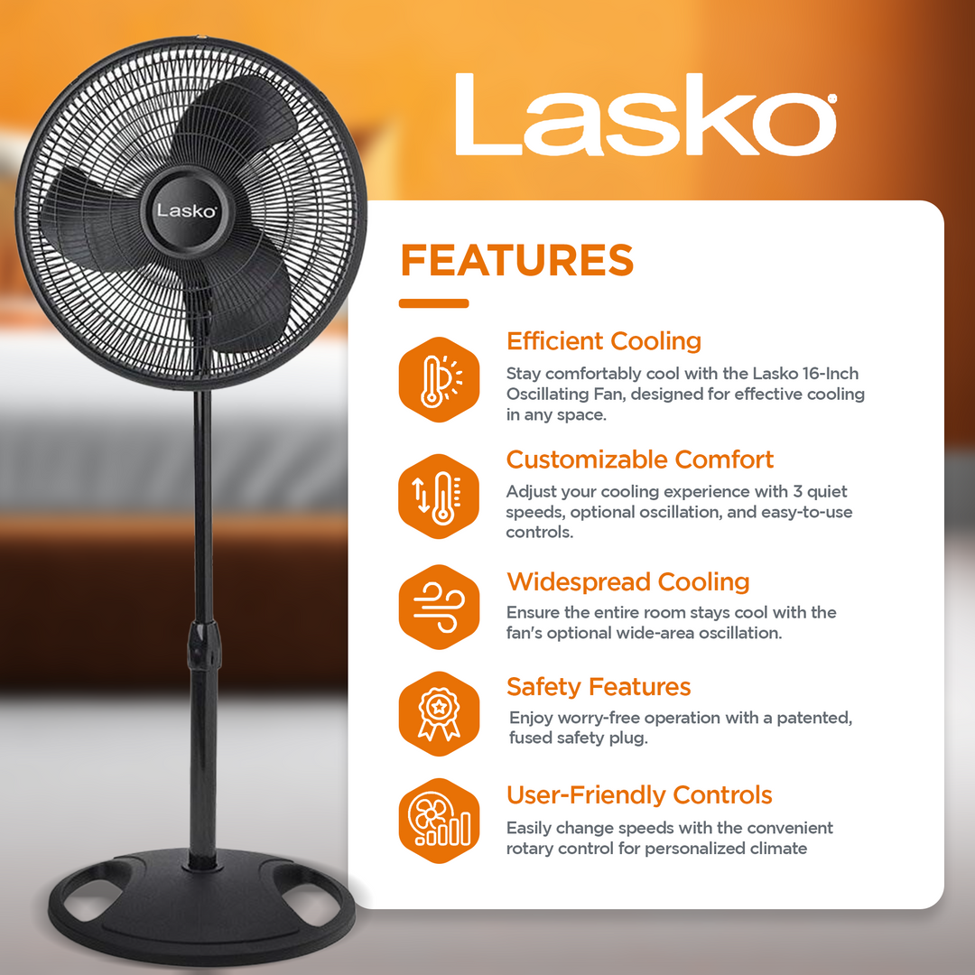 Lasko 16" 3-Speed Adjustable Tilting Oscillating Standing Pedestal Fan, Black