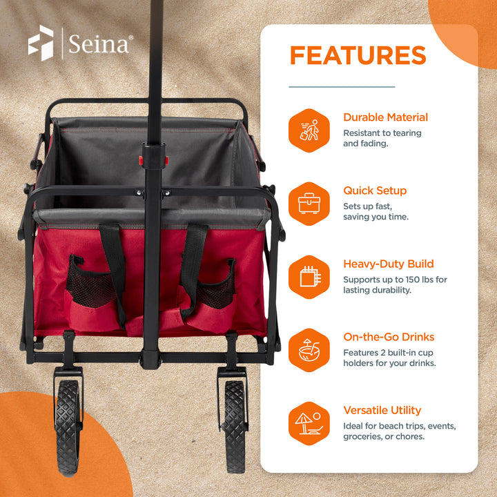 Seina 150lb Capacity Folding Collapsible Steel Utility Wagon Cart, Red/Gray