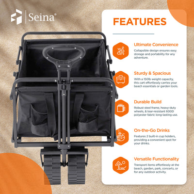 Seina Steel Frame Folding Beach Wagon Outdoor Cart, Black (Open Box) (2 Pack) - VMInnovations
