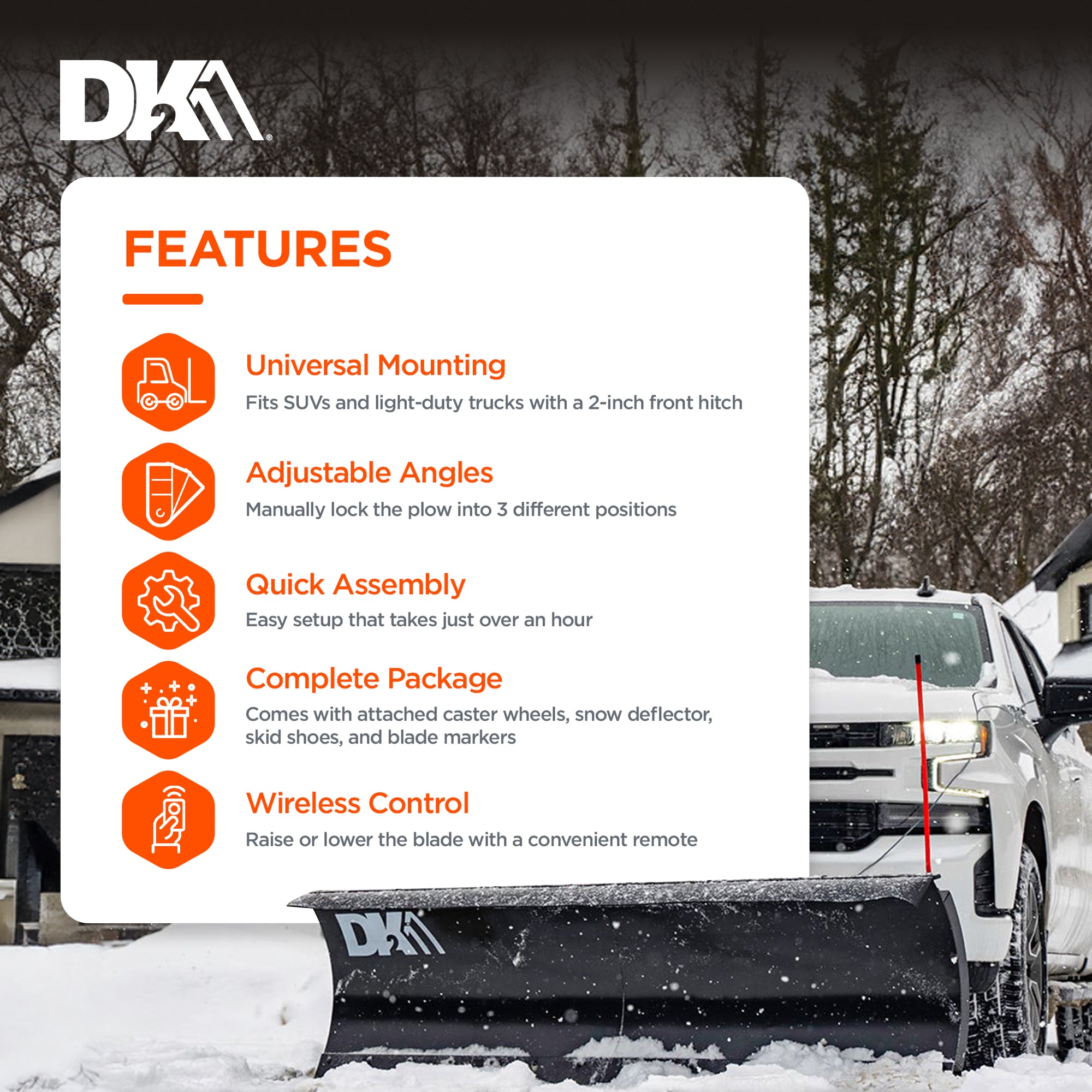 Detail K2 Universal 84 x 22" SUV Truck Snow Plow Kit w/Remote, 2" Receiver Mount