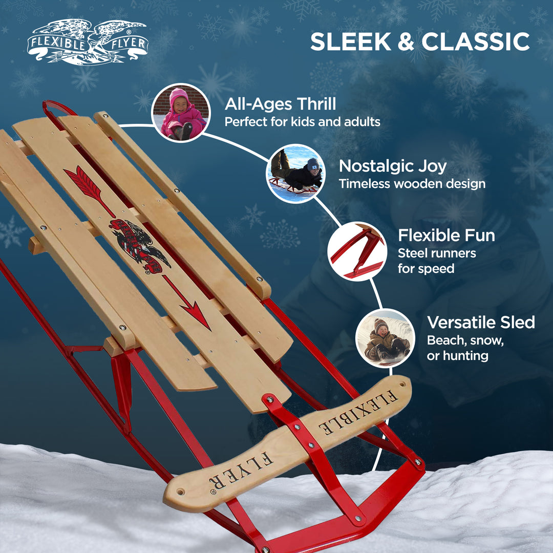 Flexible Flyer Metal Runner Steel/Wood 48" Long Snow Slider Sled for Kids, Red - VMInnovations