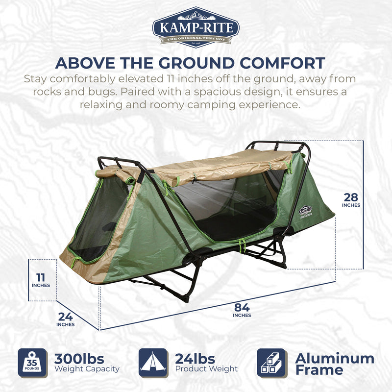 Kamp-Rite Original Quick Setup 1 Person Cot, Lounge Chair, and Tent, Green & Tan