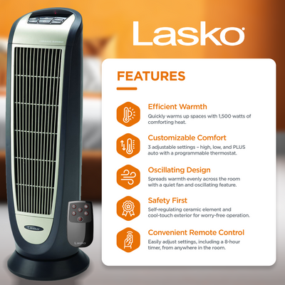 Lasko 5160 Portable Electric 1500W Room Oscillating Ceramic Tower Space Heater