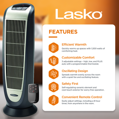 Lasko 5160 Electric 1500W Room Oscillating Ceramic Tower Space Heater (Used)