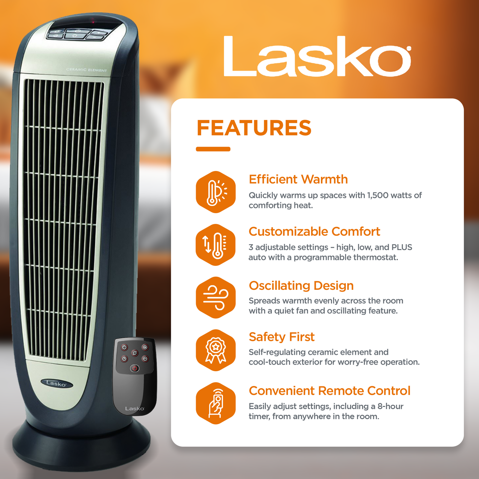 Lasko 5160 Portable Electric 1500W Room Oscillating Ceramic Tower Space Heater - VMInnovations