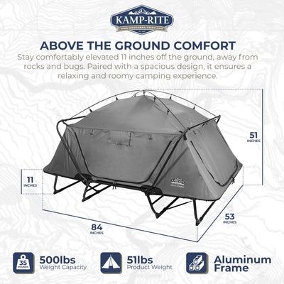 Kamp-Rite Double Quick Setup 2 Person Elevated Cot, Lounge Chair, & Tent, Gray