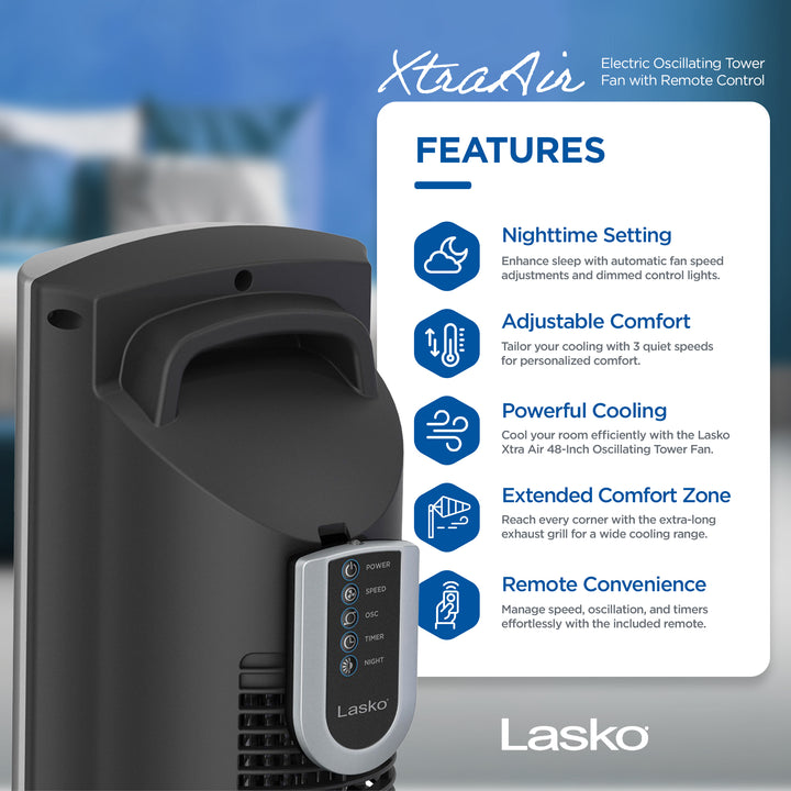 Lasko XtraAir 48 Inch 3 Speed Electric Oscillating Tower Fan with Remote Control