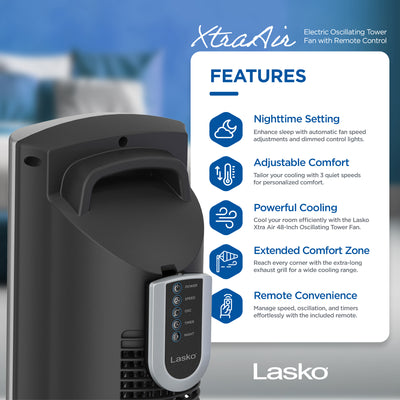 Lasko XtraAir 48" 3 Speed Electric Oscillating Tower Fan with Remote  (Damaged)