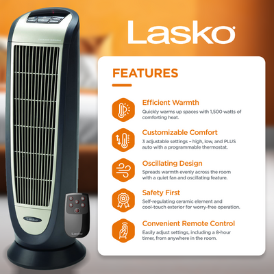 Lasko 5160 Electric 1500W Room Oscillating Ceramic Tower Space Heater (Open Box) - VMInnovations