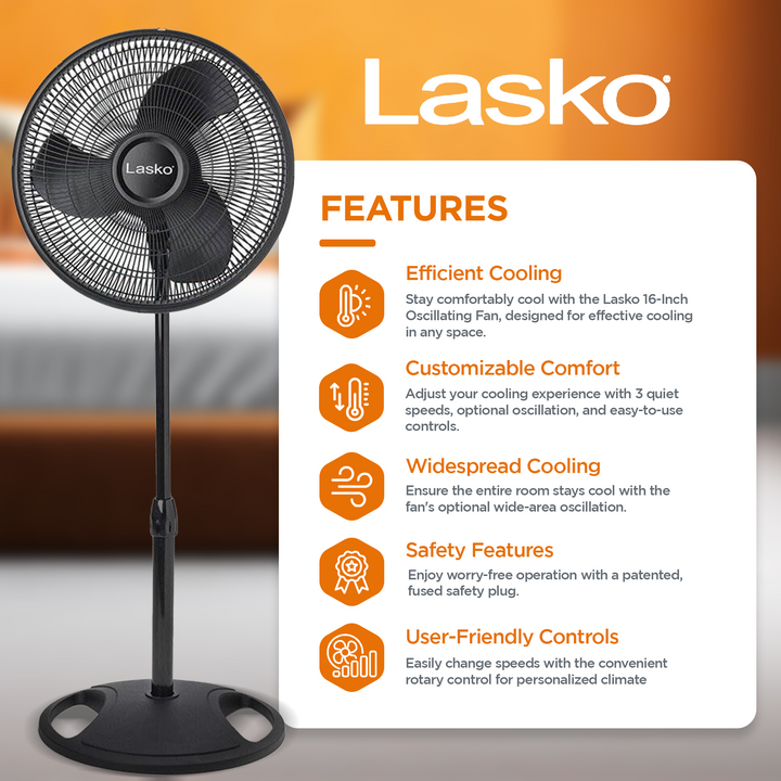 Lasko 16" 3-Speed Adjustable Tilting Oscillating Standing Pedestal Fan(Open Box)