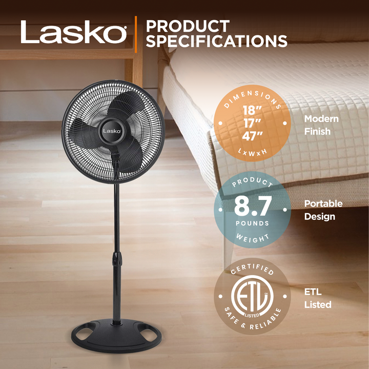 Lasko 16" 3-Speed Adjustable Tilting Oscillating Standing Pedestal Fan, Black