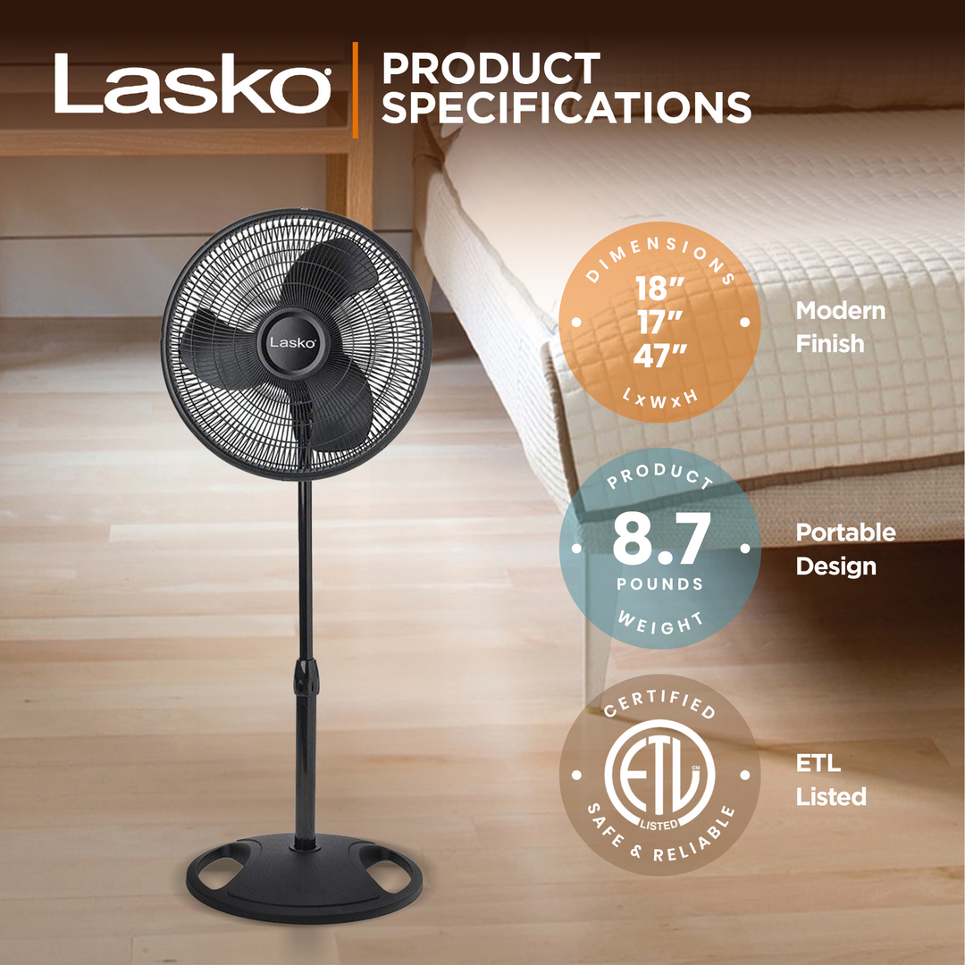 Lasko 16" 3-Speed Adjustable Tilting Oscillating Standing Pedestal Fan(Open Box)