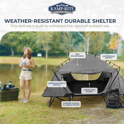 Kamp-Rite Double Quick Setup 2 Person Elevated Cot, Lounge Chair, & Tent, Gray - VMInnovations