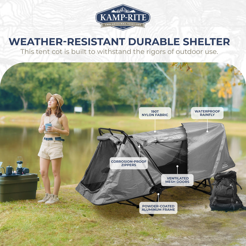 Kamp-Rite Original Quick Setup 1 Person Elevated Cot, Lounge Chair, & Tent, Gray