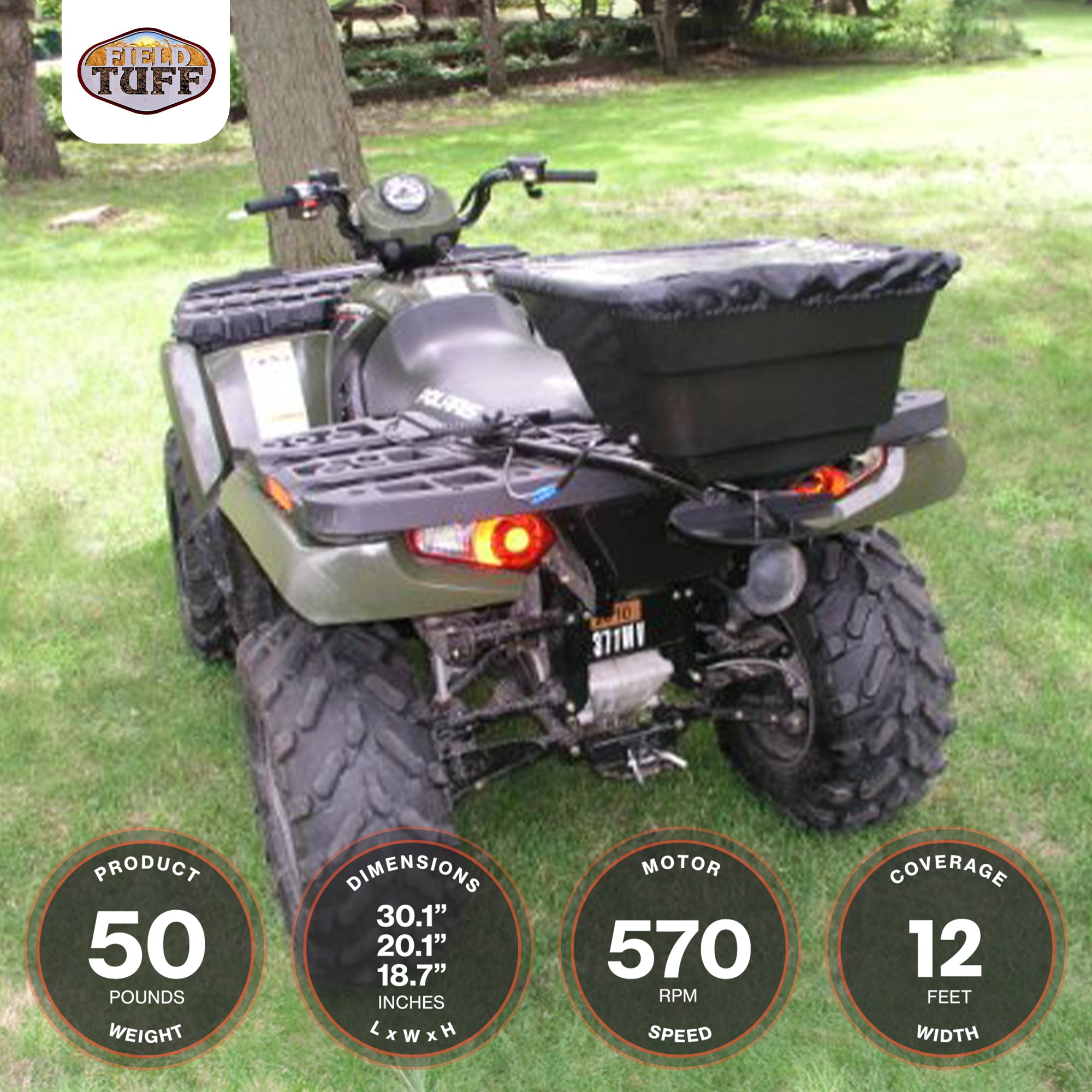 Field Tuff 12V ATV Hitch Mount Receiver 125 lb Grass, Seed, Fertilizer Spreader - VMInnovations