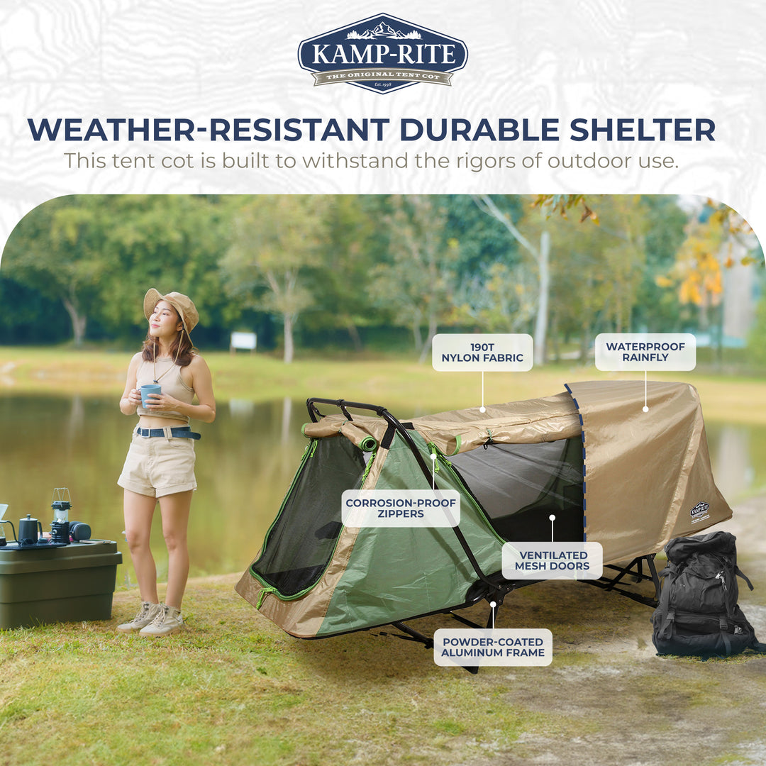 Kamp-Rite Original Quick Setup 1 Person Cot, Lounge Chair, and Tent, Green & Tan - VMInnovations
