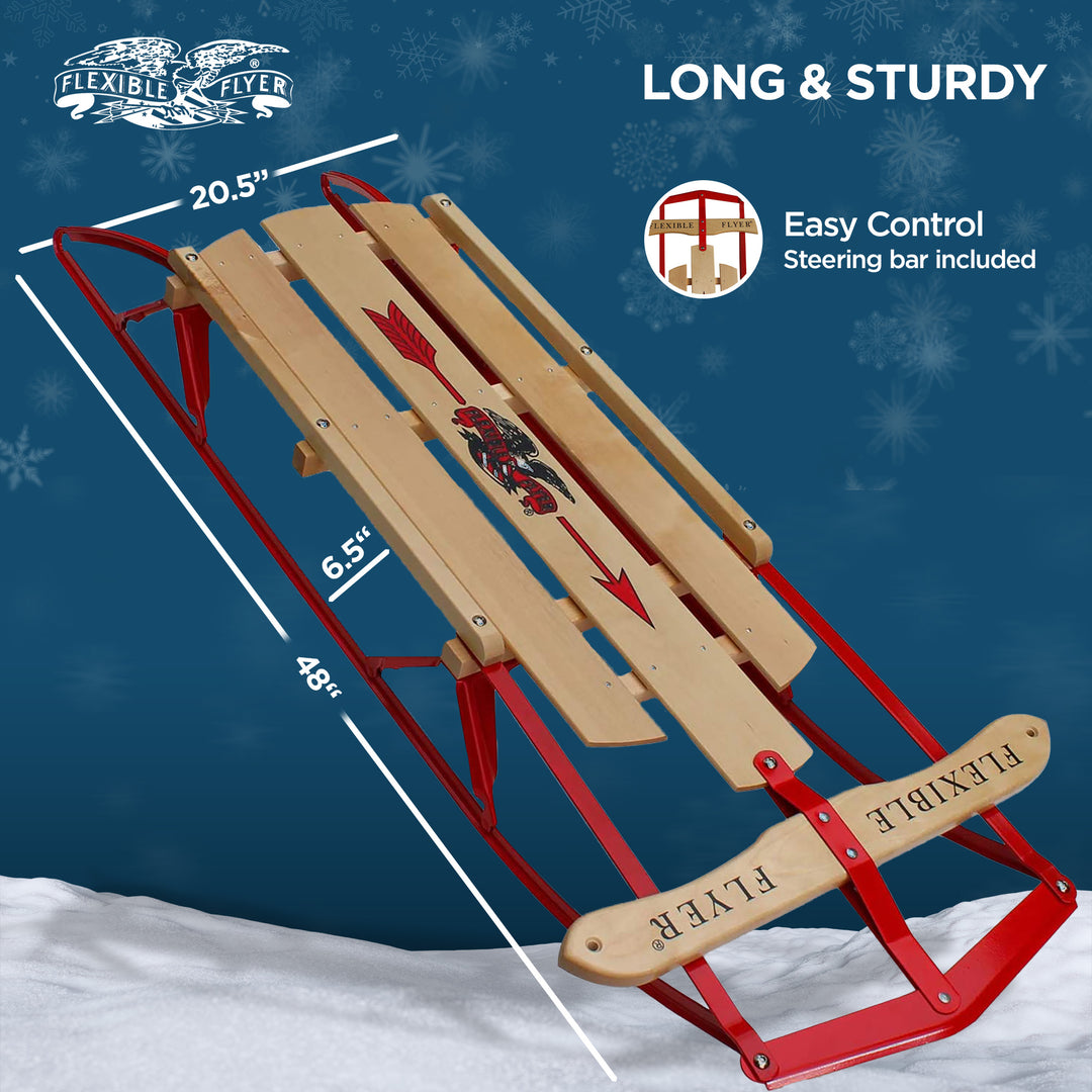 Flexible Flyer Metal Runner Steel/Wood 48" Long Snow Slider Sled for Kids, Red - VMInnovations