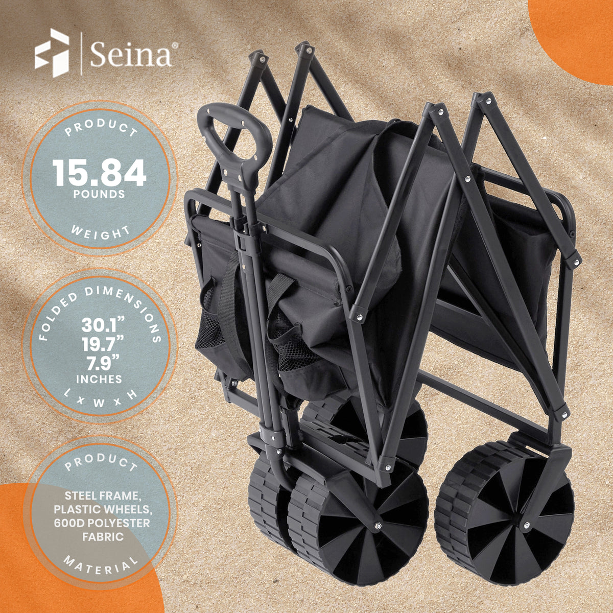 Seina Steel Frame Folding Utility Beach Wagon Outdoor Cart, Black (Used)