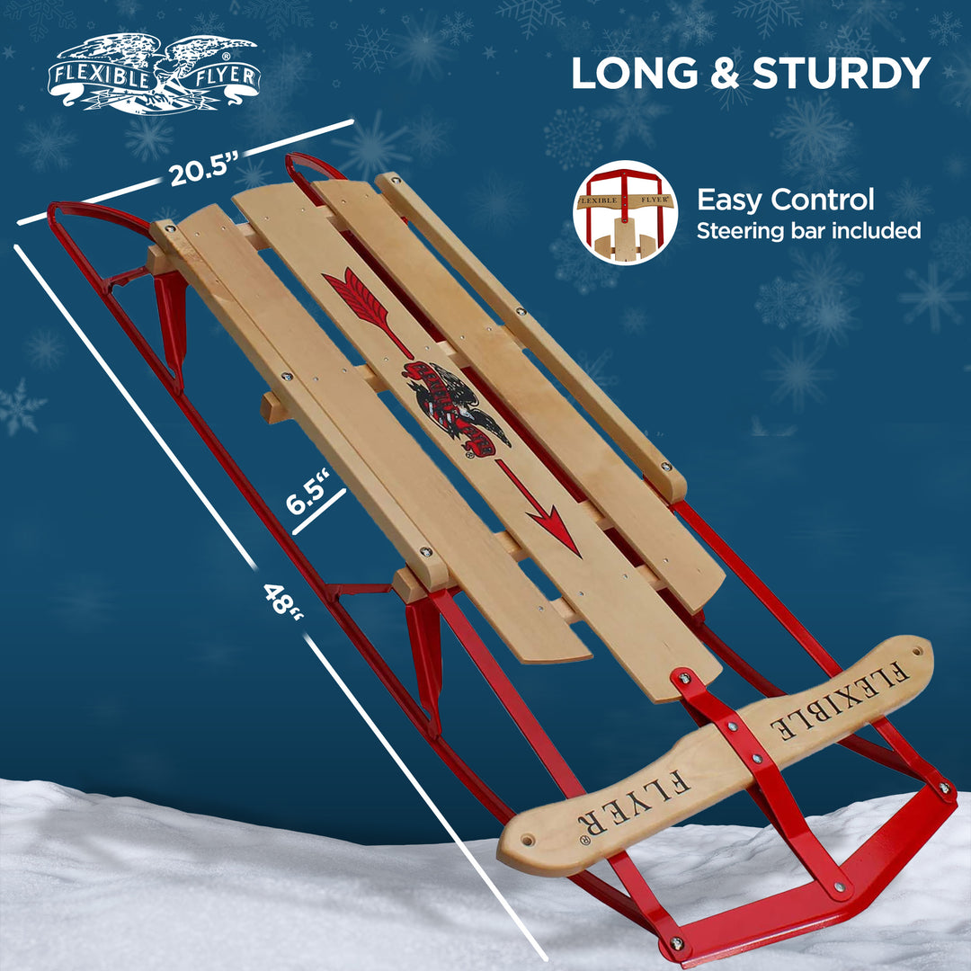 Flexible Flyer Metal Runner Steel/Wood 48" Long Snow Slider Sled for Kids, Red