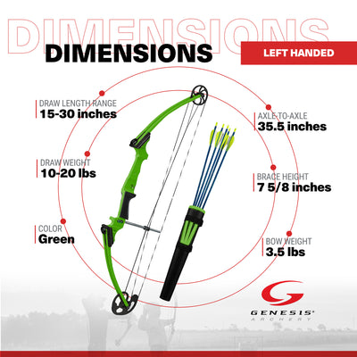 Genesis Original Archery Compound Bow/Arrow Set, Left Handed, Green (Open Box)