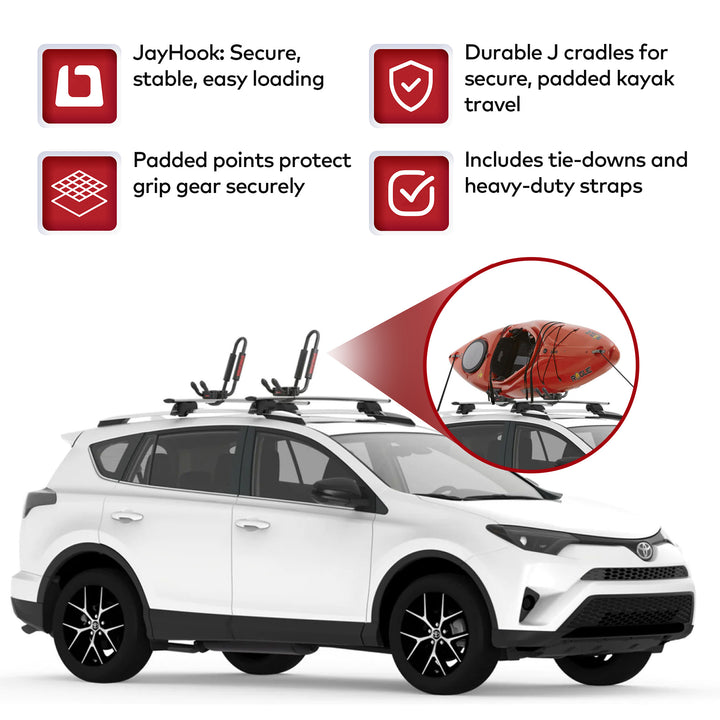 JayHook J-Cradle Rooftop Kayak Mount, Roof Rack w/Padding & Tie Downs (Open Box) - VMInnovations