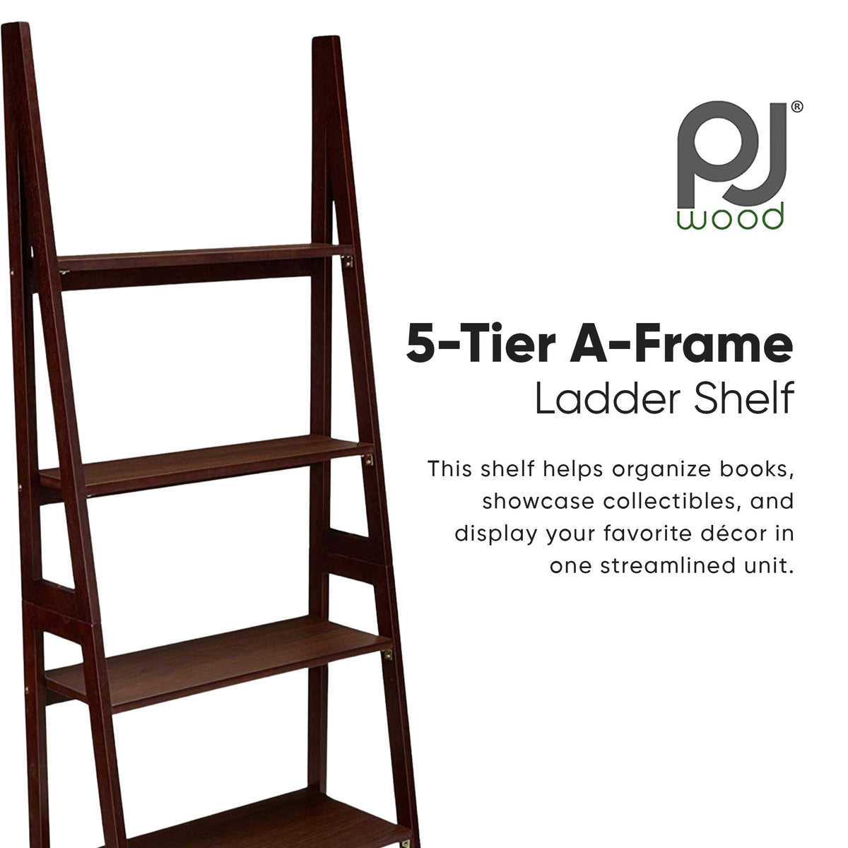 PJ Wood 5 Tier Wooden Ladder Shelf Organizer Bookcase Home Display, (Open Box) - VMInnovations