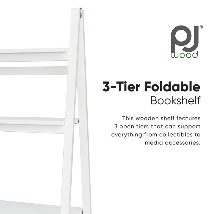 PJ Wood 3 Tier Foldable Bookshelf Wooden Storage Rack Home Display Stand, White