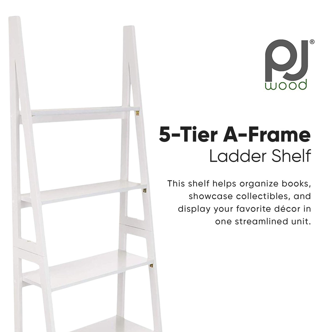 PJ Wood 5 Tier Wooden Ladder Shelf Organizer Bookcase Home Display Stand, White