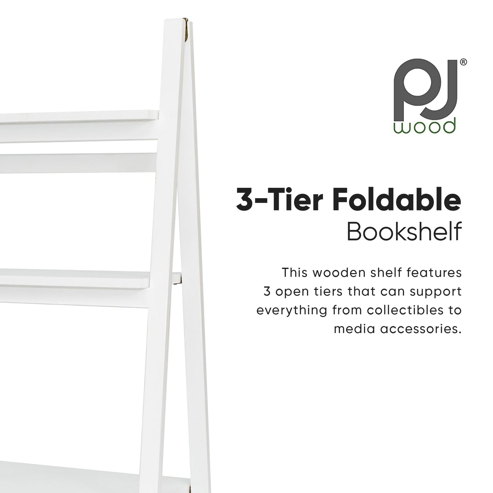 PJ Wood 3 Tier Foldable Bookshelf Wooden Storage Rack Home Stand, White (Used) - VMInnovations
