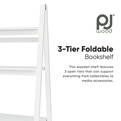 PJ Wood 3 Tier Foldable Bookshelf Wooden Storage Rack Home Display Stand, White - VMInnovations