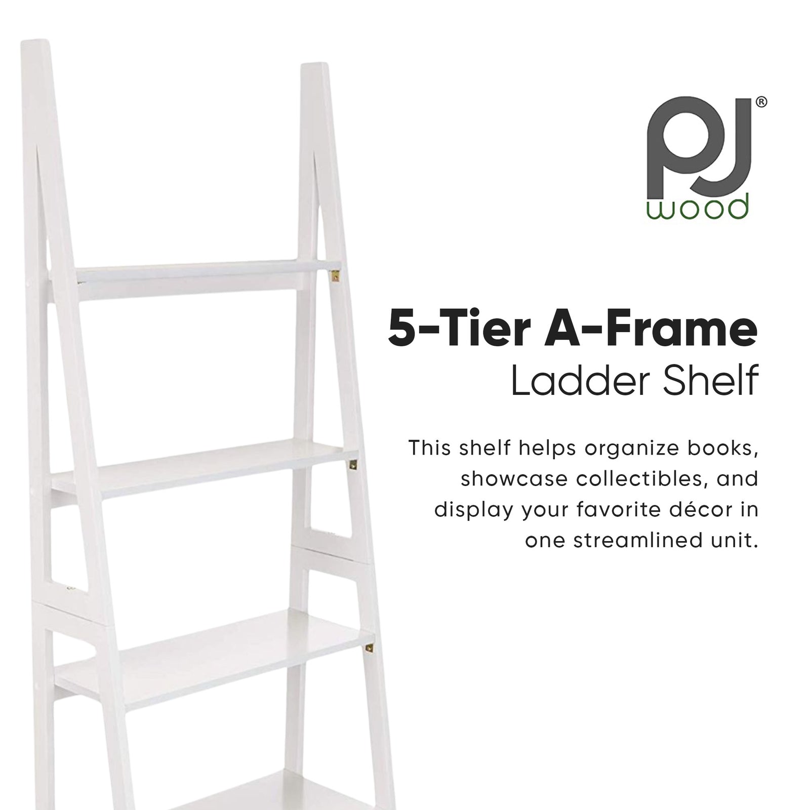 PJ Wood 5 Tier Wooden Ladder Shelf Organizer Bookcase Home Display Stand, White - VMInnovations