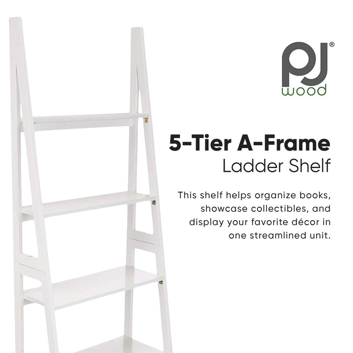 PJ Wood 5 Tier Wooden Ladder Shelf Organizer Bookcase Home Display Stand, White - VMInnovations