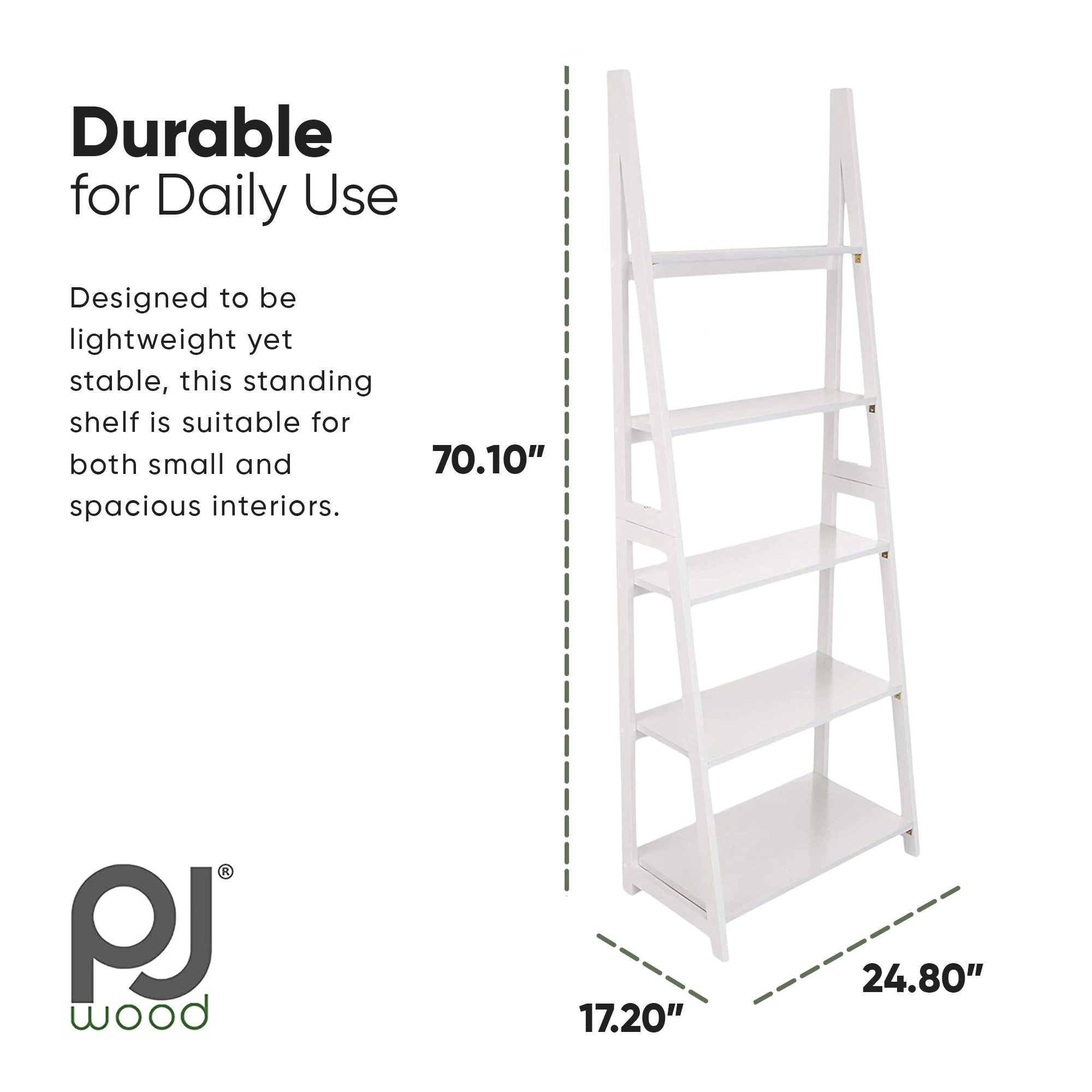 PJ Wood 5 Tier Wooden Ladder Shelf Organizer Bookcase Home Display Stand, White - VMInnovations
